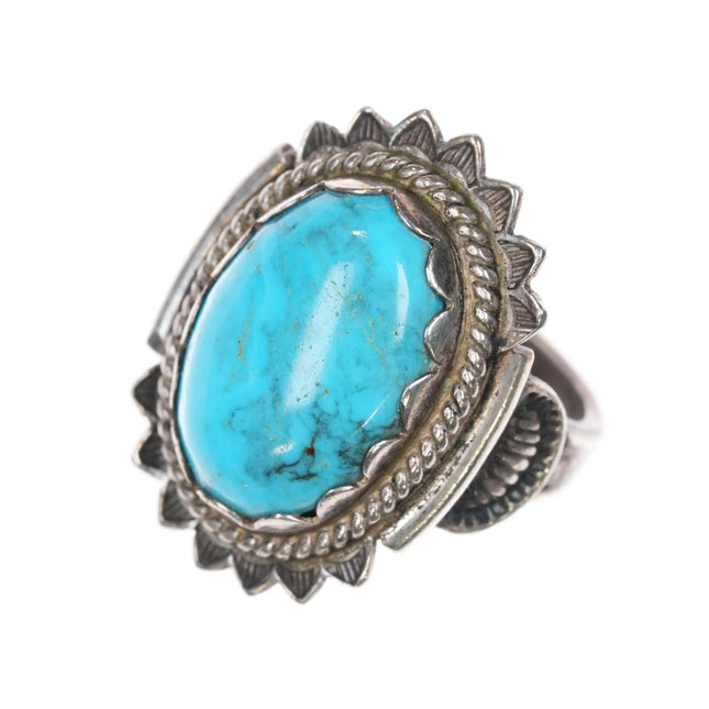 sz6 c1930's Nice Navajo sterling silver ring w/fancy stamped top and turquoise - Estate Fresh Austin
