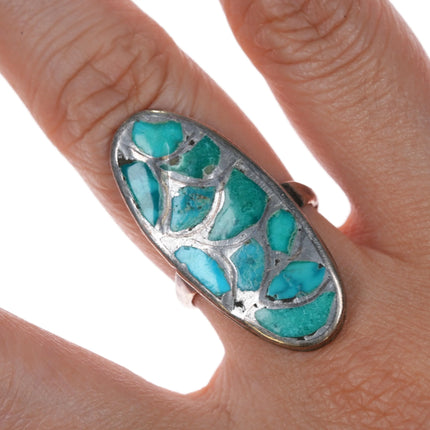 sz7.25 Alice Leekya Homer Zuni sterling silver fishscale Turquoise inlay ring - Estate Fresh Austin