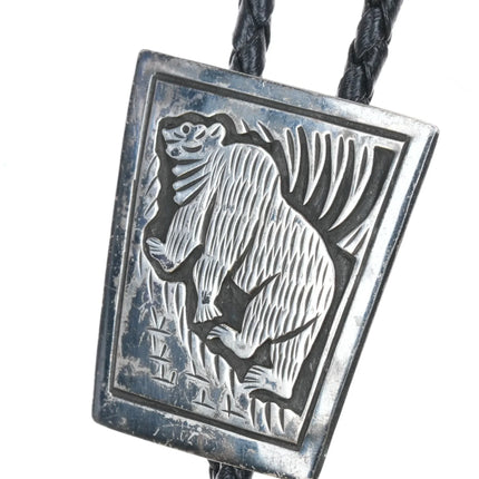 1970's Vintage Navajo sterling silver carved bear overlay bolo tie - Estate Fresh Austin