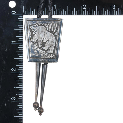 1970's Vintage Navajo sterling silver carved bear overlay bolo tie - Estate Fresh Austin