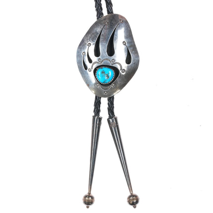 70's-80's Vintage Navajo sterling silver bear paw shadowbox bolo tie w/turquoise - Estate Fresh Austin
