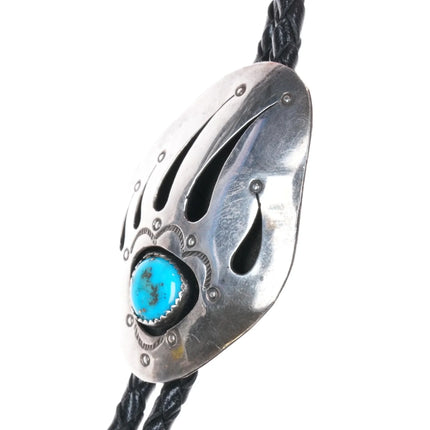 70's-80's Vintage Navajo sterling silver bear paw shadowbox bolo tie w/turquoise - Estate Fresh Austin