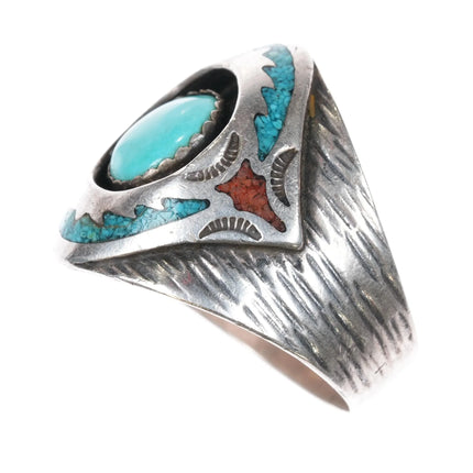 sz13 Circle JW Navajo sterling silver chip inlay ring with center turquoise - Estate Fresh Austin
