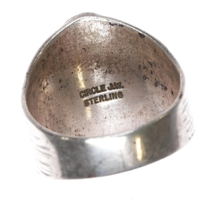 sz13 Circle JW Navajo sterling silver chip inlay ring with center turquoise - Estate Fresh Austin
