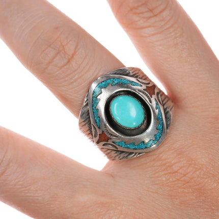 sz13 Circle JW Navajo sterling silver chip inlay ring with center turquoise - Estate Fresh Austin
