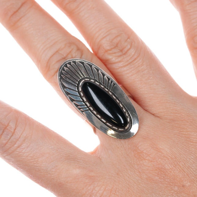 sz7.5 Kee Nez Navajo sterling silver onyx long ring - Estate Fresh Austin