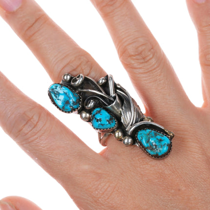 sz9.25 Ernest Wood Navajo 1970's long sterling silver ring w/3 turquoise - Estate Fresh Austin