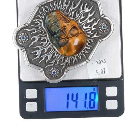 Lee Downey Sterling silver memento-Mori Tiger's Eye Skull Sterling belt buckle - Estate Fresh Austin