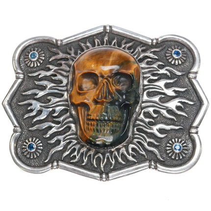 Lee Downey Sterling silver memento-Mori Tiger's Eye Skull Sterling belt buckle - Estate Fresh Austin