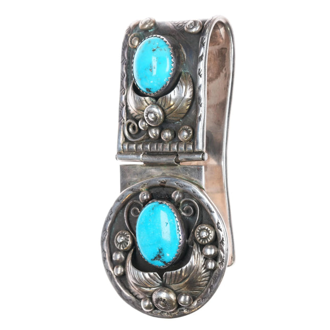 Vintage H Navajo sterling silver and turquoise heavy hinged money clip - Estate Fresh Austin