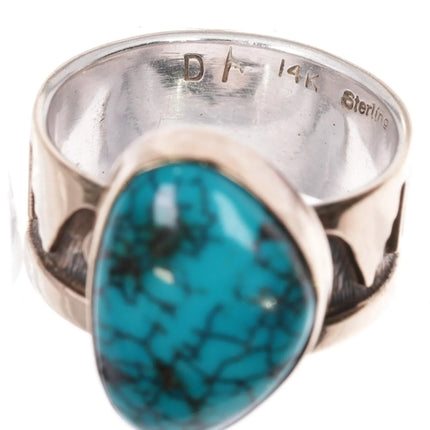 sz11.5 Dina Huntinghorse 14k gold, sterling, Lone Mountain turquoise ring - Estate Fresh Austin
