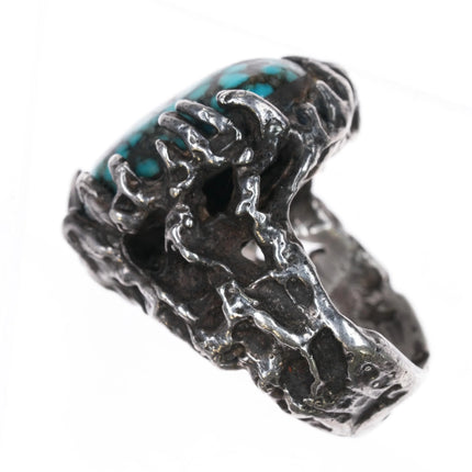sz9.75 c1970's Huge Black Web Kingman turquoise brutalist sterling silver ring - Estate Fresh Austin