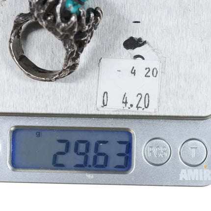 sz9.75 c1970's Huge Black Web Kingman turquoise brutalist sterling silver ring - Estate Fresh Austin