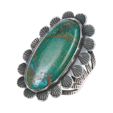 sz8 c1940's Navajo Heavily stamped sterling silver ring with green turquoise - Estate Fresh Austin