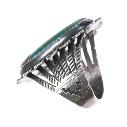 sz8 c1940's Navajo Heavily stamped sterling silver ring with green turquoise - Estate Fresh Austin