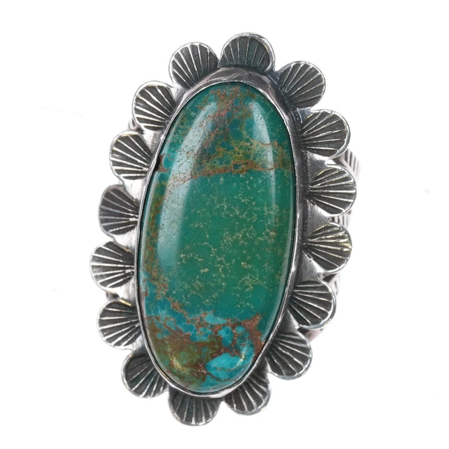 sz8 c1940's Navajo Heavily stamped sterling silver ring with green turquoise - Estate Fresh Austin