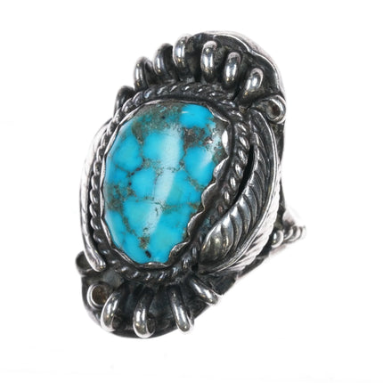 sz8 c1970's Navajo sterling silver feather ring with nice turquoise - Estate Fresh Austin