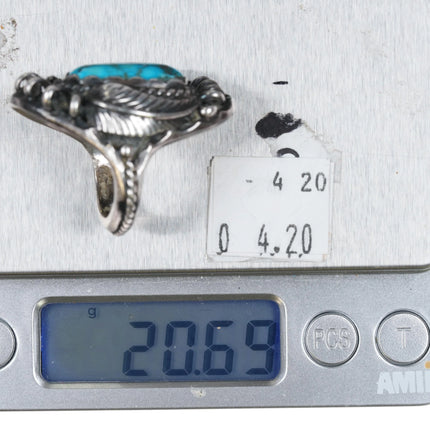 sz8 c1970's Navajo sterling silver feather ring with nice turquoise - Estate Fresh Austin