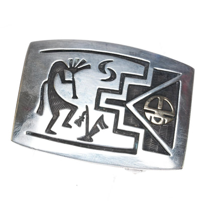 Gene Pooyouma Hopi 14k gold sunface Sterling silver belt buckle in overlay style - Estate Fresh Austin