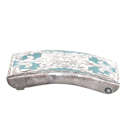 80's Vintage Mexican sterling silver chip inlay turquoise belt buckle - Estate Fresh Austin