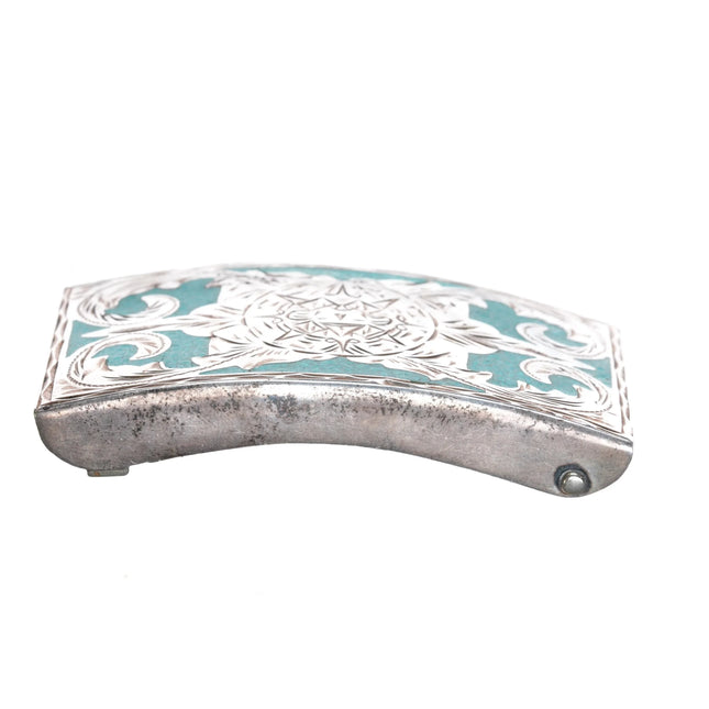 80's Vintage Mexican sterling silver chip inlay turquoise belt buckle - Estate Fresh Austin