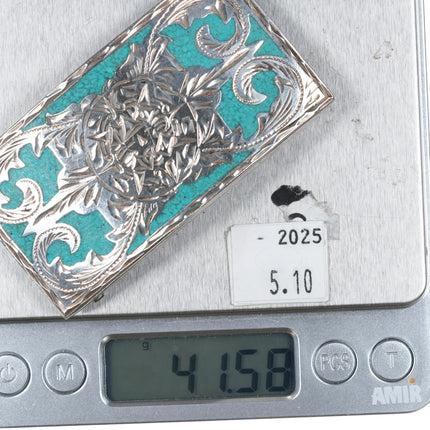 80's Vintage Mexican sterling silver chip inlay turquoise belt buckle - Estate Fresh Austin