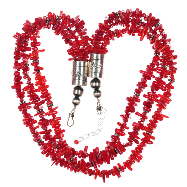 20" Southwestern style sterling silver mounted coral 3 strand necklace - Estate Fresh Austin