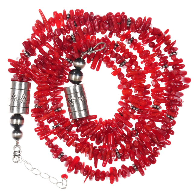 20" Southwestern style sterling silver mounted coral 3 strand necklace - Estate Fresh Austin
