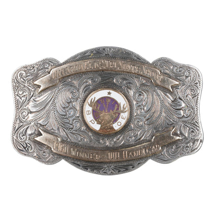 c1960 10k gold/hand engraved sterling silver Karl Klein Elks Shoot belt buckle - Estate Fresh Austin