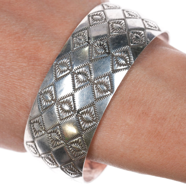 7" Navajo heavily stamped sterling silver convex cuff bracelet - Estate Fresh Austin