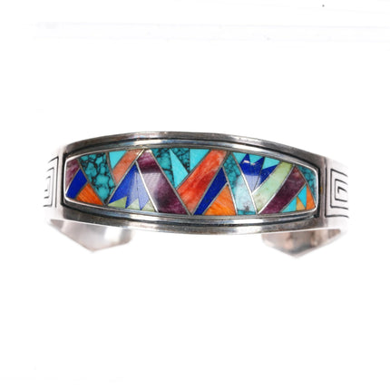 6.5" Julius Burbank Navajo sterling silver multi-stone inlay cuff bracelet - Estate Fresh Austin