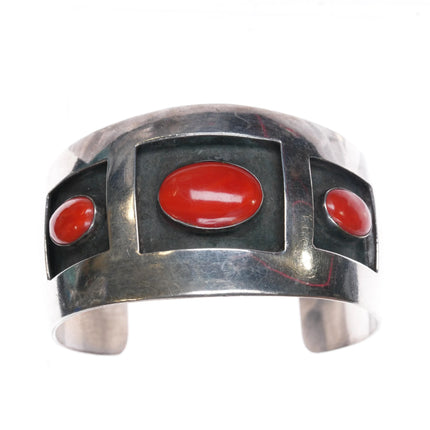 6.5" Southwestern Modernist sterling silver Mediterranean coral cuff bracelet - Estate Fresh Austin
