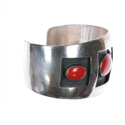6.5" Southwestern Modernist sterling silver Mediterranean coral cuff bracelet - Estate Fresh Austin