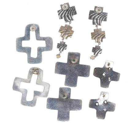 1990's Santa Fe Artisan Multi Gemstone sterling silver cross earrings collection - Estate Fresh Austin