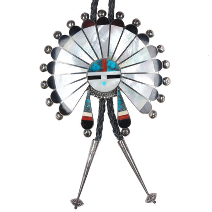 Huge c1960 c-31 Zuni sunface sterling silver Morenci Turquoise, coral bolo tie - Estate Fresh Austin