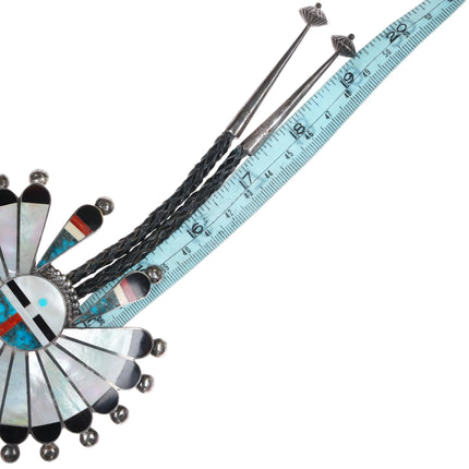 Huge c1960 c-31 Zuni sunface sterling silver Morenci Turquoise, coral bolo tie - Estate Fresh Austin