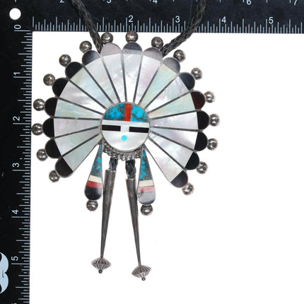 Huge c1960 c-31 Zuni sunface sterling silver Morenci Turquoise, coral bolo tie - Estate Fresh Austin