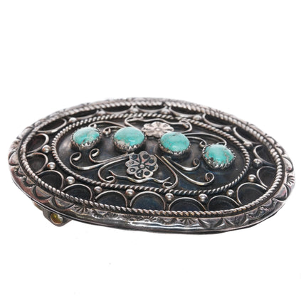 1970's W Navajo sterling silver belt buckle w/ 4 turquoise stones - Estate Fresh Austin
