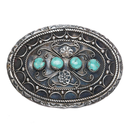 1970's W Navajo sterling silver belt buckle w/ 4 turquoise stones - Estate Fresh Austin