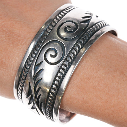 6.5" Vintage Navajo Sterling silver Heavily stamped overlay cuff bracelet - Estate Fresh Austin