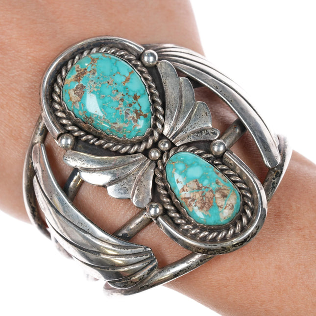 6.6" Vintage Navajo Sterling silver large two turquoise cuff bracelet - Estate Fresh Austin