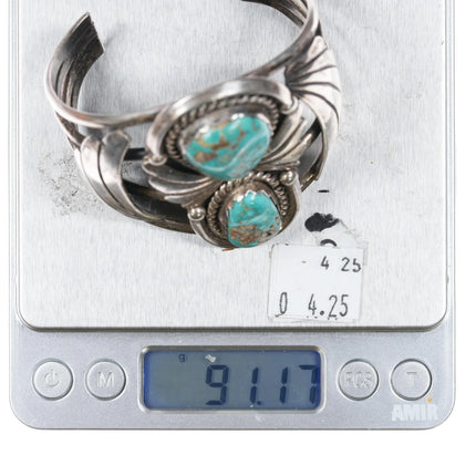 6.6" Vintage Navajo Sterling silver large two turquoise cuff bracelet - Estate Fresh Austin