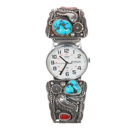 7" SC Navajo 70's-80's Sterling silver watch tips w/turquoise/coral - Estate Fresh Austin