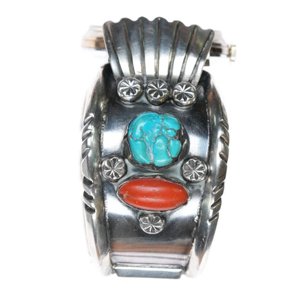 7.1" EPL Navajo Sterling silver, turquoise, coral Watch Cuff bracelet - Estate Fresh Austin