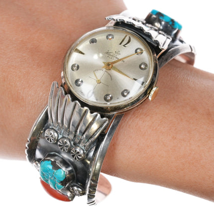 7.1" EPL Navajo Sterling silver, turquoise, coral Watch Cuff bracelet - Estate Fresh Austin