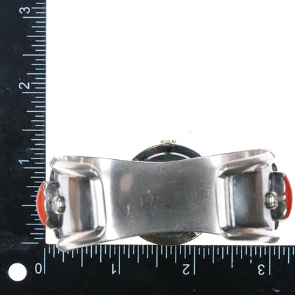 7.1" EPL Navajo Sterling silver, turquoise, coral Watch Cuff bracelet - Estate Fresh Austin