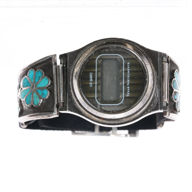 6.75" c1950 Zuni sterling silver turquoise flush inlay watch tip 70's TI digital - Estate Fresh Austin