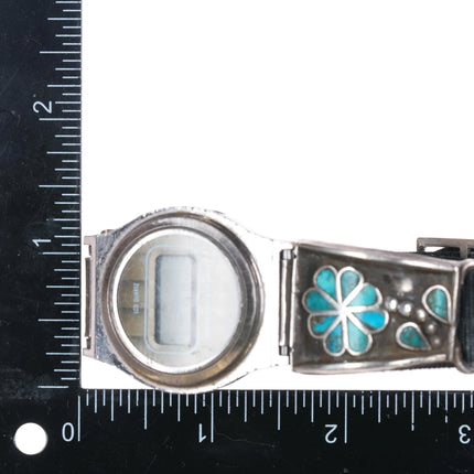 6.75" c1950 Zuni sterling silver turquoise flush inlay watch tip 70's TI digital - Estate Fresh Austin