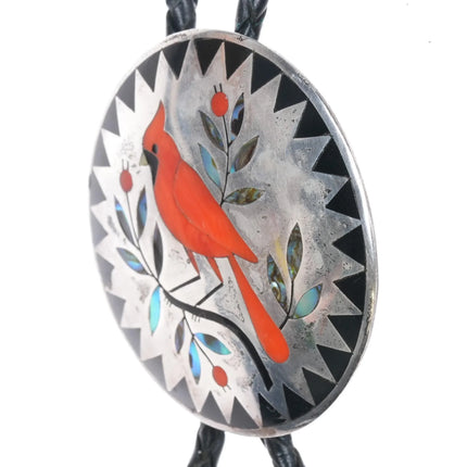 c1960 c-31 Dennis & Nancy Edaakie Zuni Cardinal Redbird bolo tie sterling silver - Estate Fresh Austin