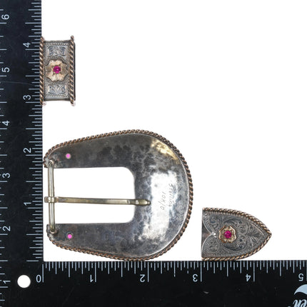 1999 Sterling silver/10k gold rubies ranger belt buckle set J initial Monogram - Estate Fresh Austin